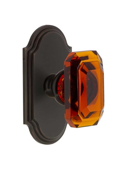 Grandeur Arc Rosette Door Set with Amber Crystal-Glass Baguette Knobs in Timeless Bronze.